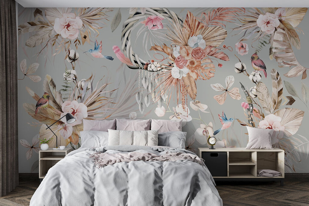 Bloemenkransen op zachtgrijs — interieur 1