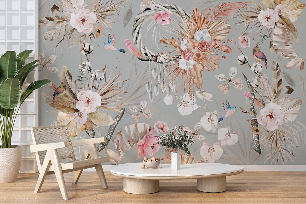 Bloemenkransen op zachtgrijs — interieur 3