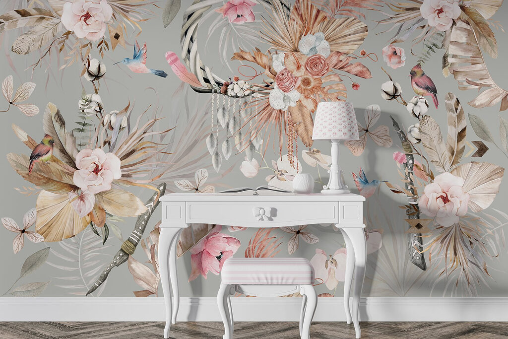 Bloemenkransen op zachtgrijs — interieur 4