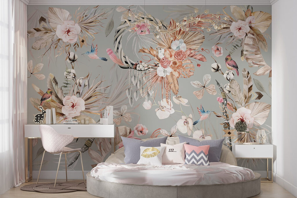 Bloemenkransen op zachtgrijs — interieur 5