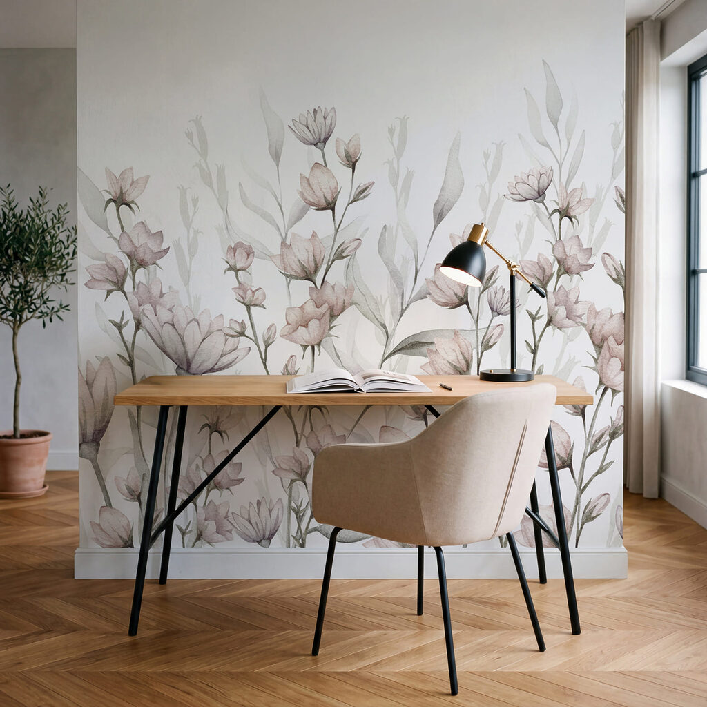 Schilderij van bloemen en bladeren in een interieur