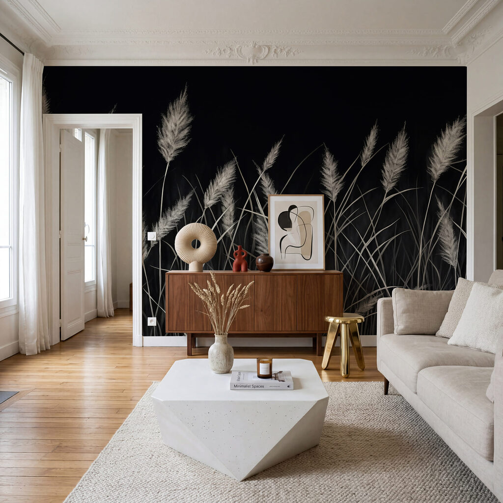 Zilvergrassen tegen diepzwart — interieur 2
