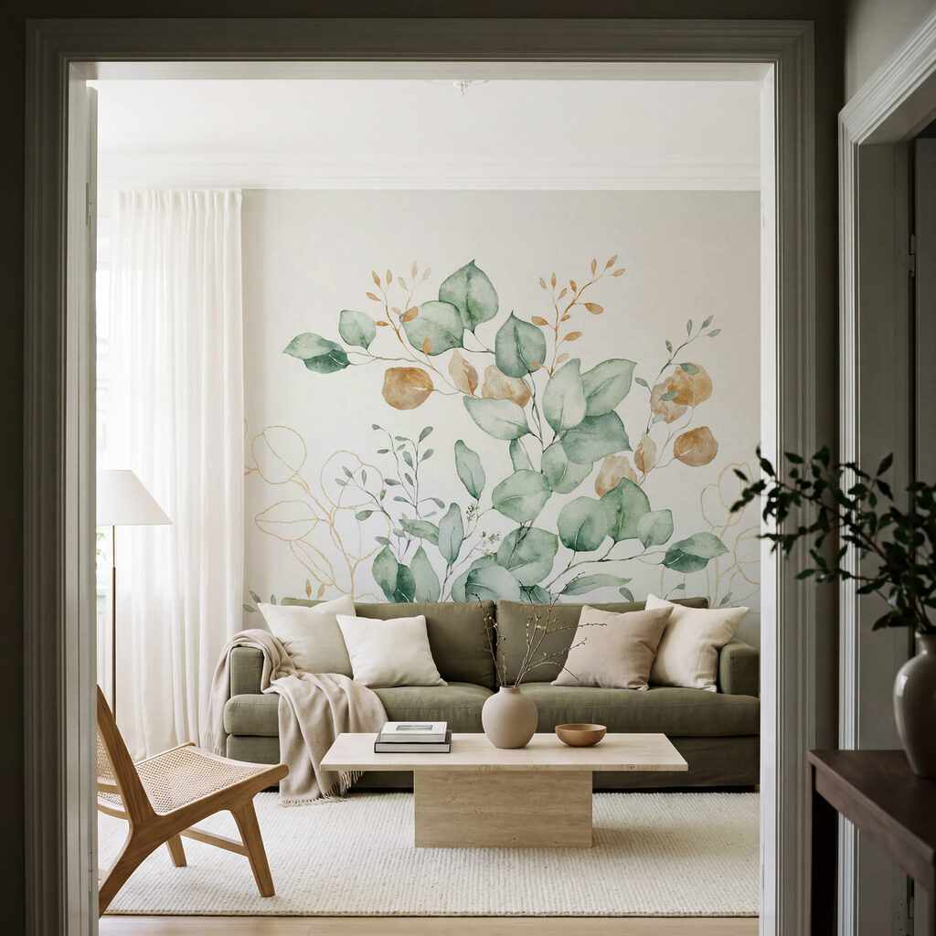 Aquarelschilderij van bladeren in een interieur