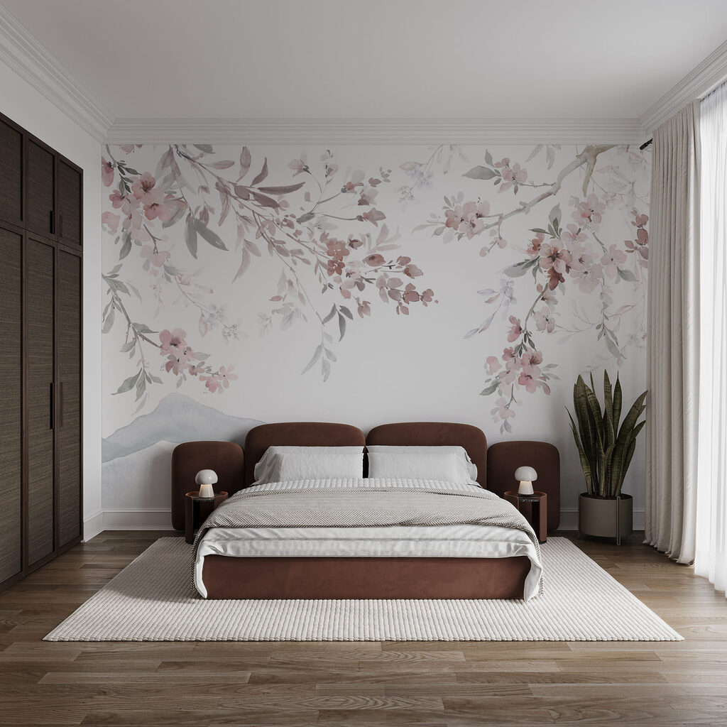 Schilderij van bloemen op een witte achtergrond in een interieur