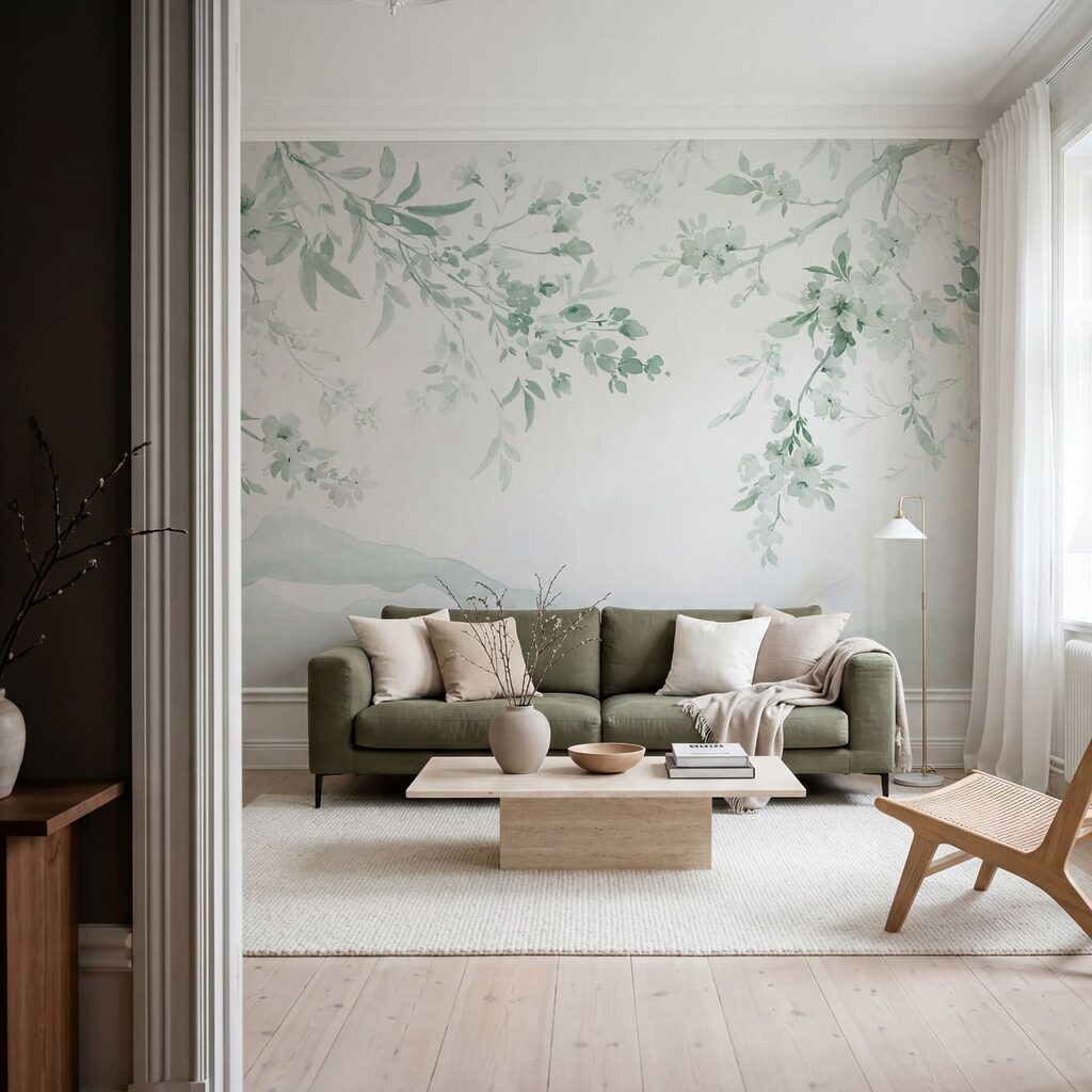 Bloesemtakken boven verre bergen — interieur 1