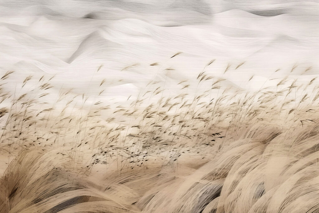 Grasgolven onder witte nevel — volledig ontwerp