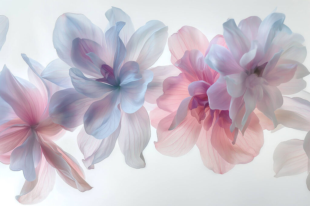 Pastelbloemen zweven op wit — volledig ontwerp
