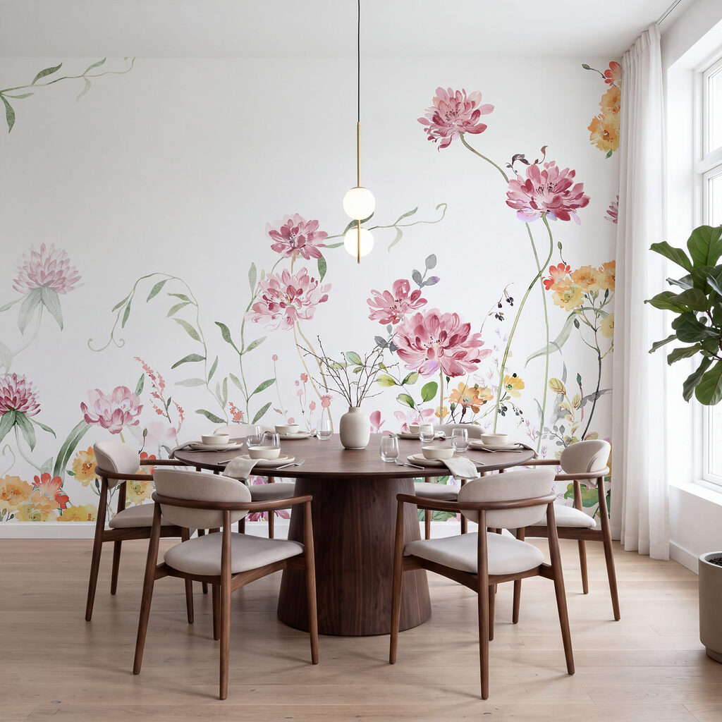 Schilderij van bloemen en bladeren in een interieur