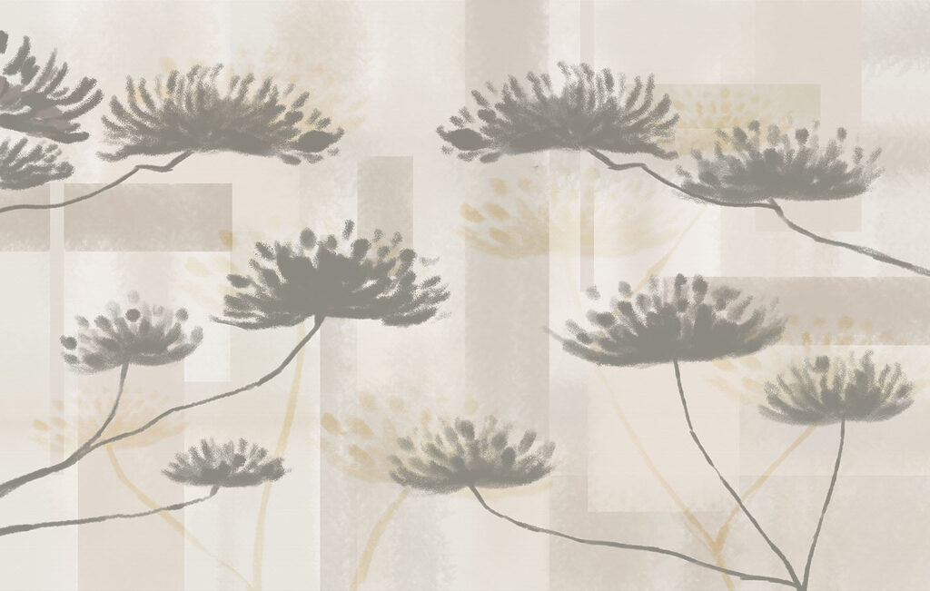 Bloemschermen over beige vlakken — volledig ontwerp