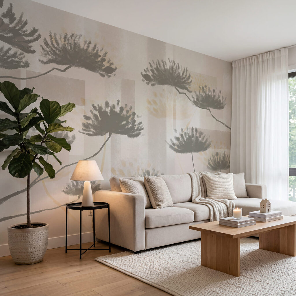 Bloemschermen over beige vlakken — interieur 1