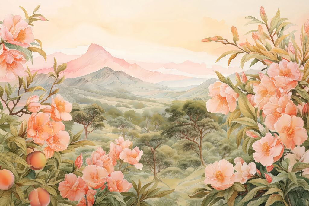 Roze bloemen rondom bergzicht — volledig ontwerp