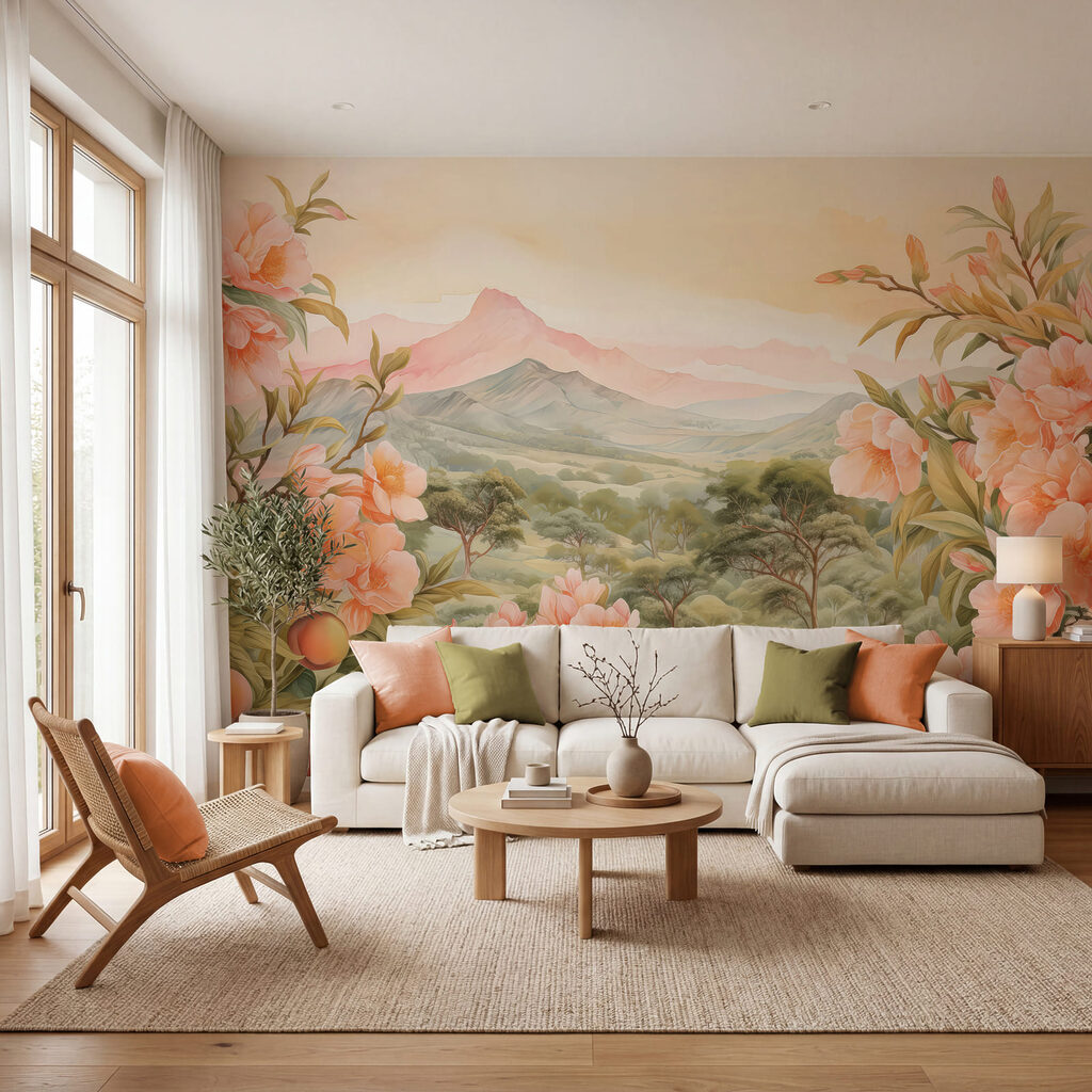 Roze bloemen rondom bergzicht — interieur 2