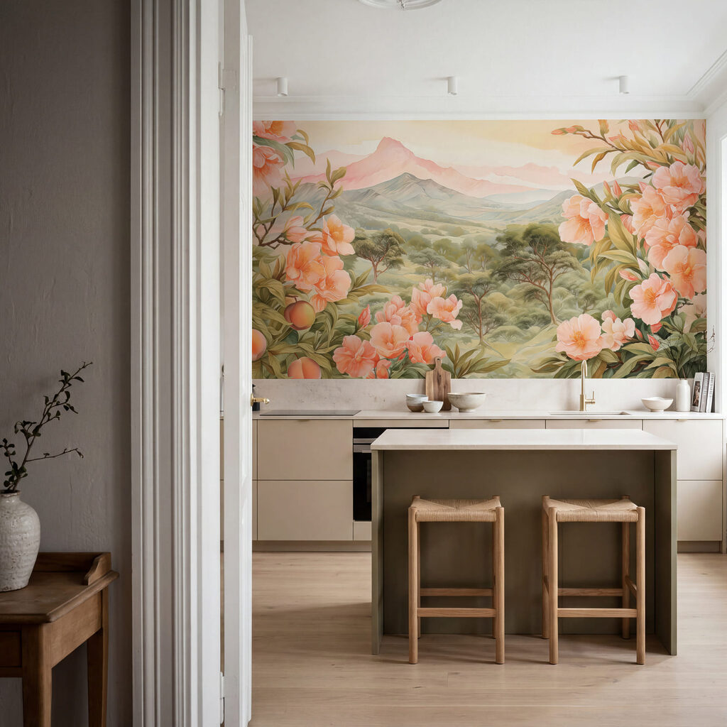 Roze bloemen rondom bergzicht — interieur 1