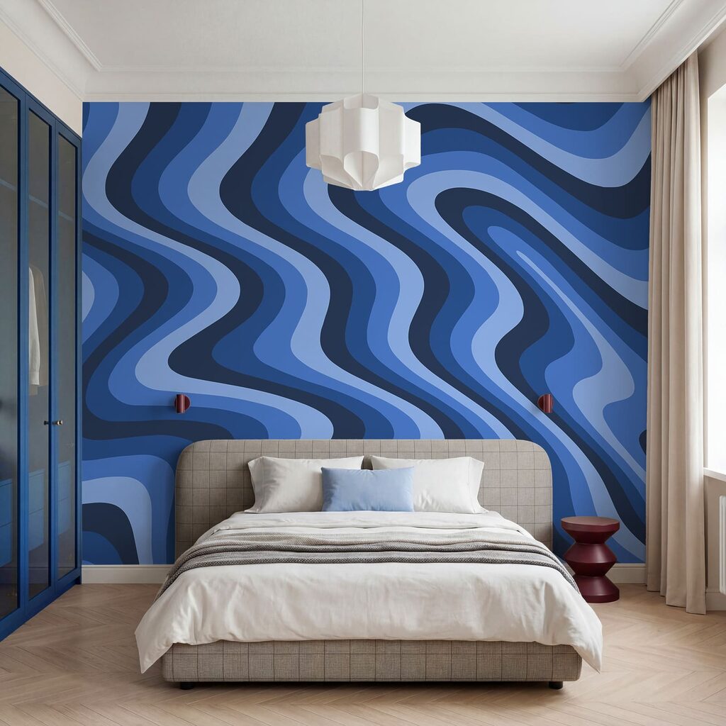 Blauwe en witte golvende lijnen — interieur 2