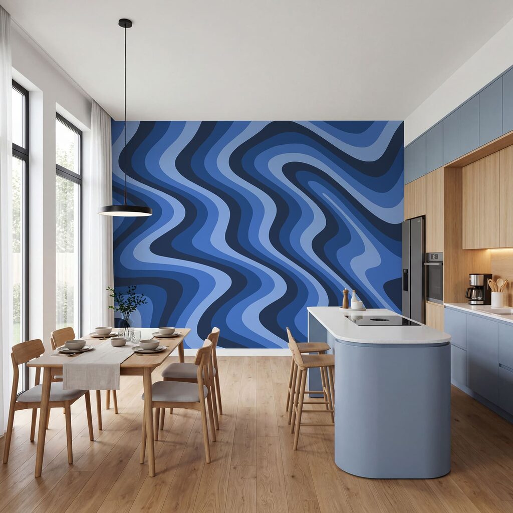 Blauwe en witte golvende lijnen — interieur 1