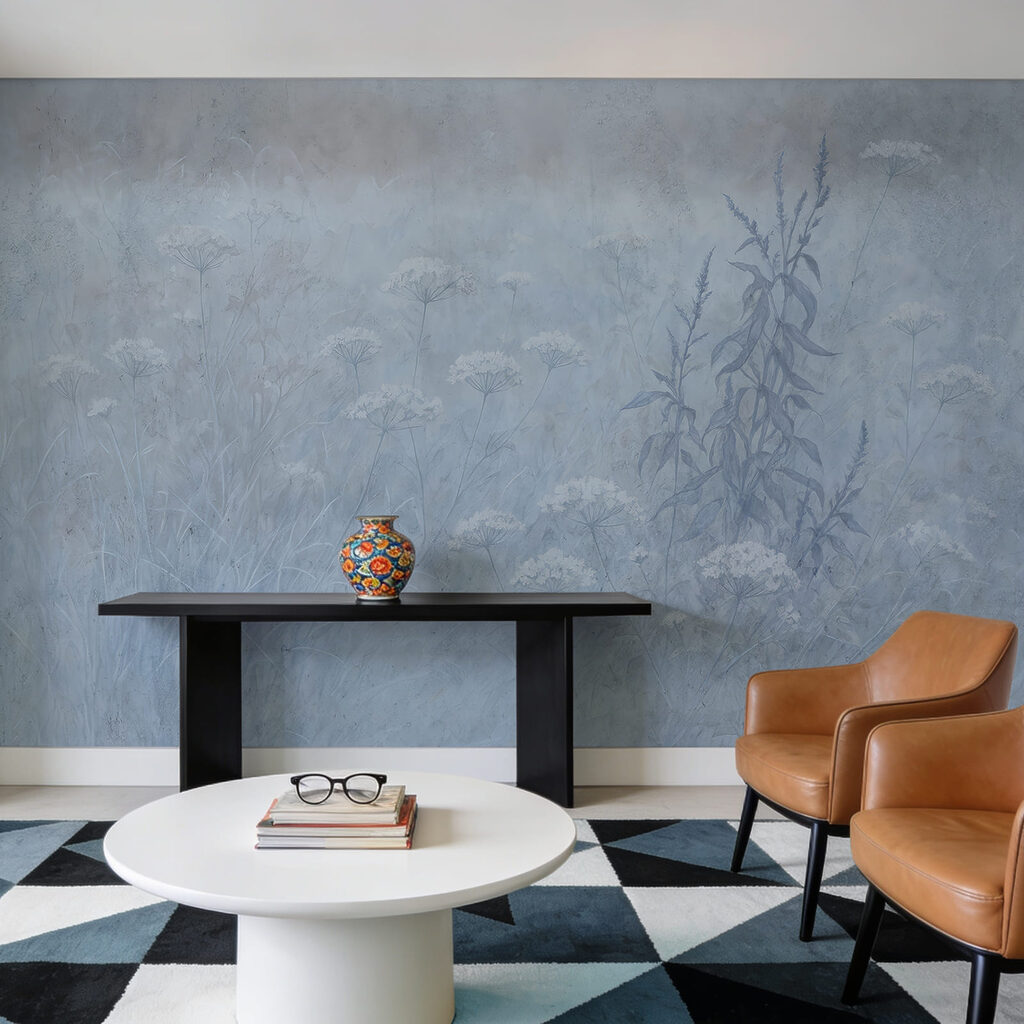 Veld met bloemen en planten in een interieur