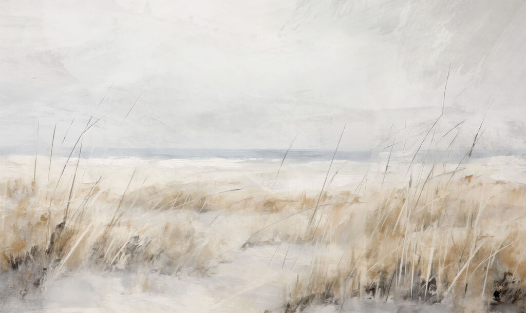 Schilderij van een strand met hoog gras — volledig ontwerp