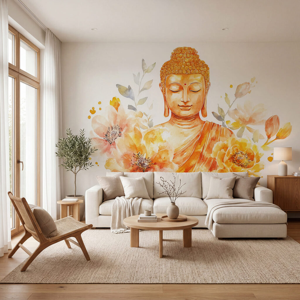 Schilderij van een boeddha met bloemen in een interieur