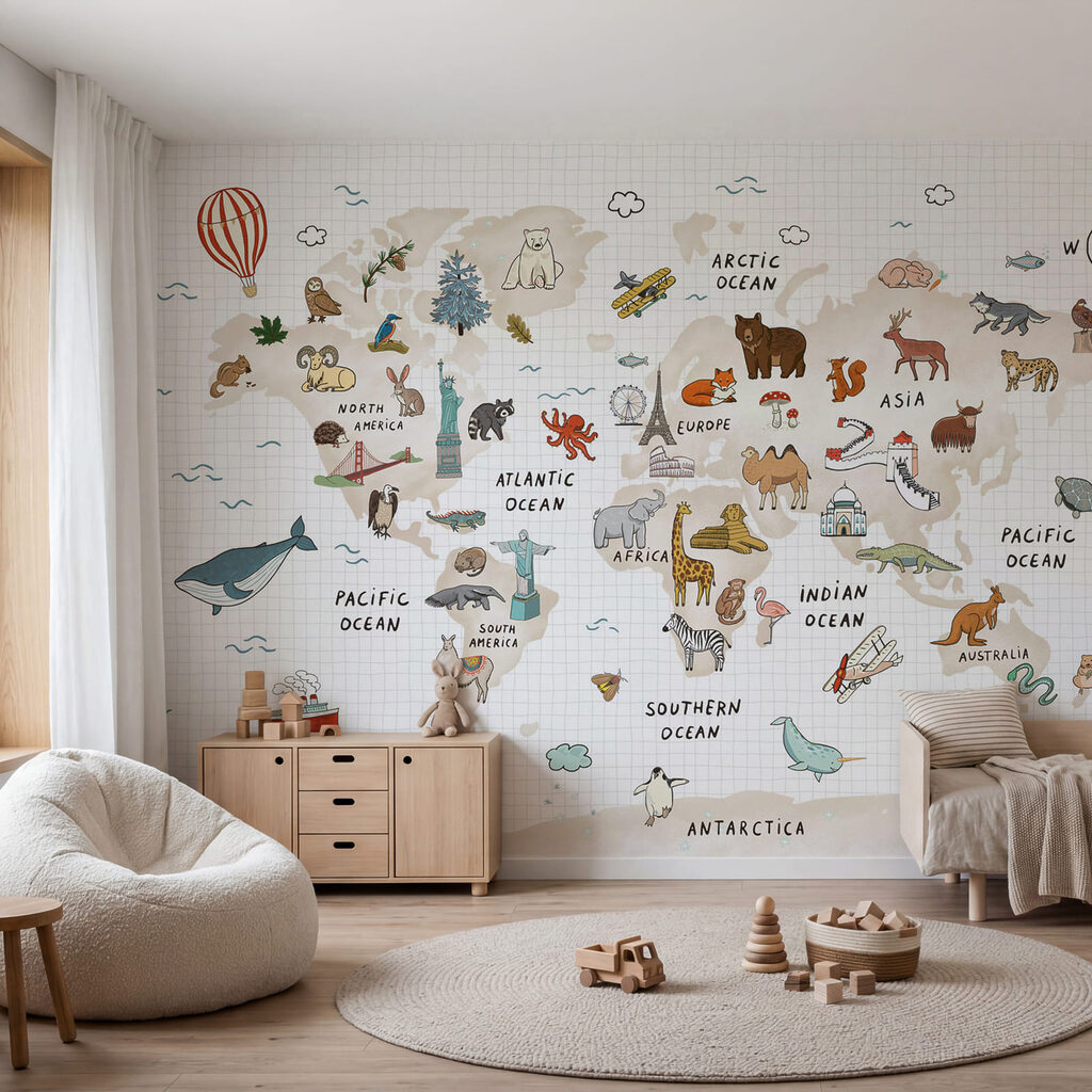 Wereldkaart met dieren in een interieur