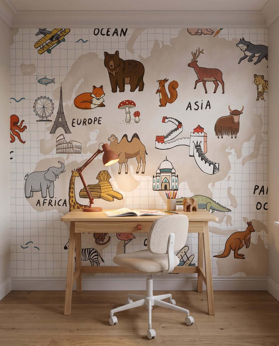 Dierenkaart met kleine reisroutes in een interieur