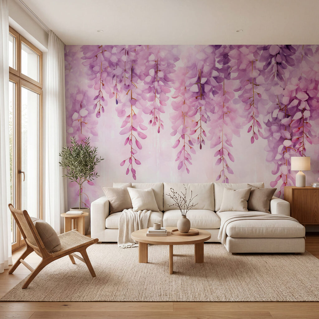 Zachte lavendelbloesems die sierlijk naar beneden hangen in een interieur
