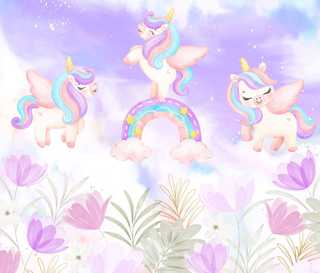 Eenhoorns in een pasteltuin — volledig ontwerp