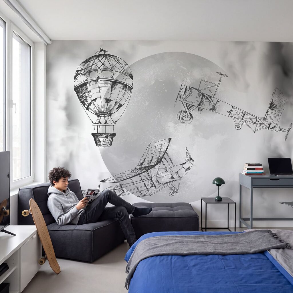 Tekening van vliegtuigen en een ballon in een interieur