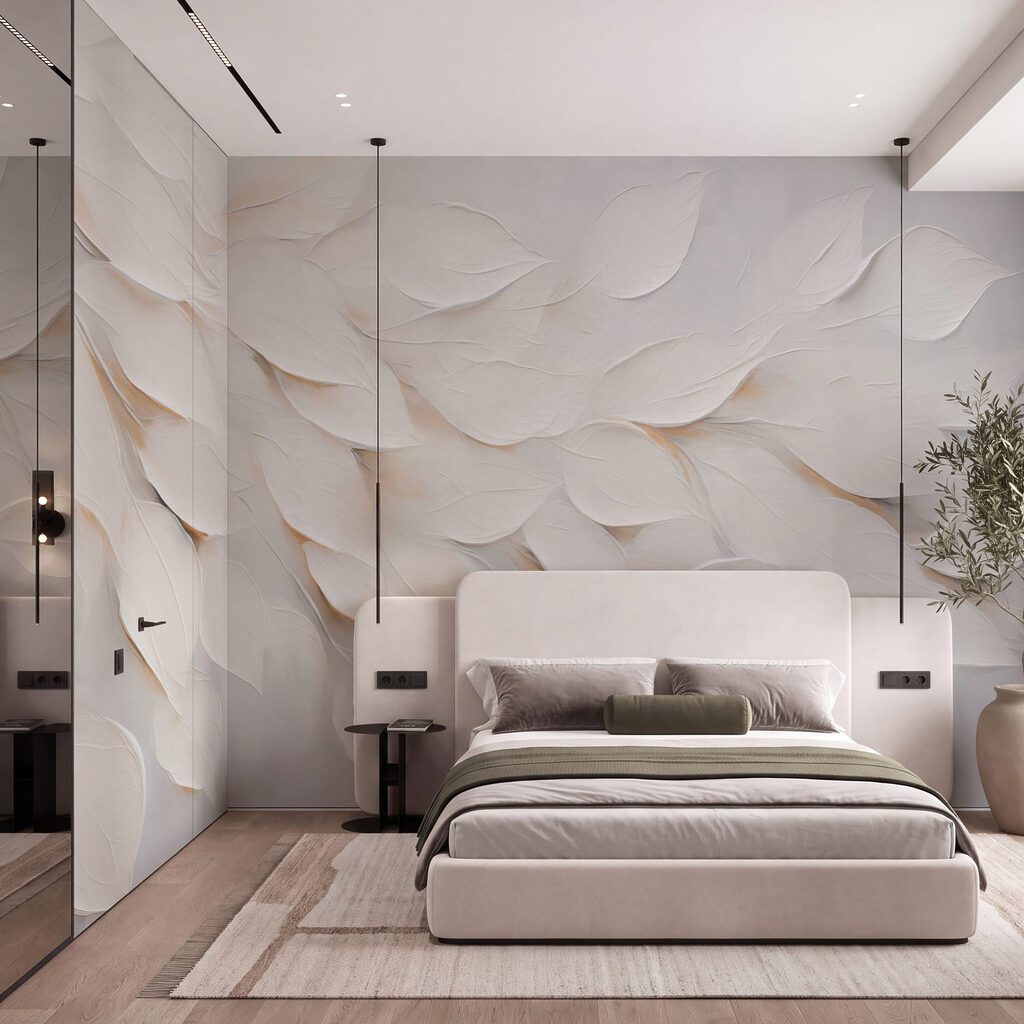 Schilderij met witte bladeren op een witte ondergrond — interieur 2
