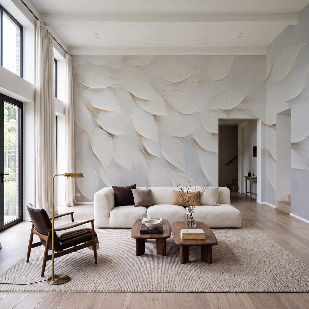 Schilderij met witte bladeren op een witte ondergrond in een interieur