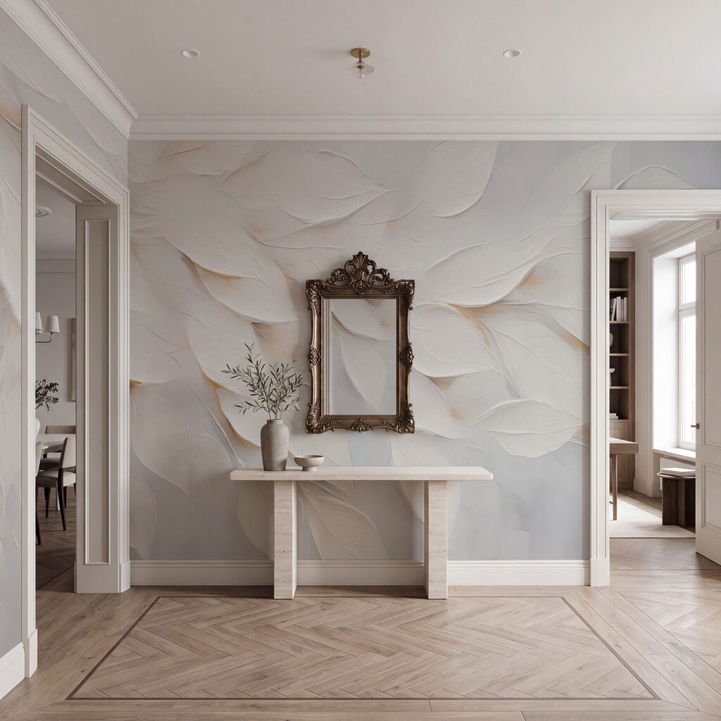 Schilderij met witte bladeren op een witte ondergrond — interieur 3