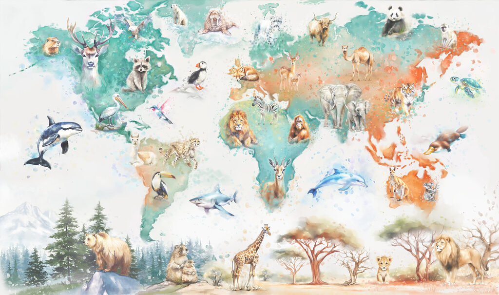 Werelddieren op een kleurkaart — volledig ontwerp