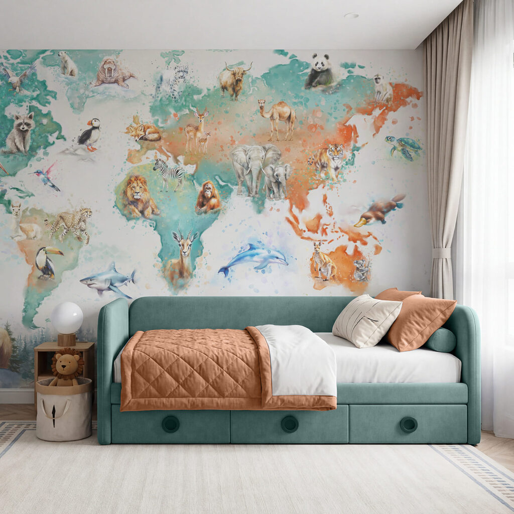 Kaart met dieren en vogels in een interieur