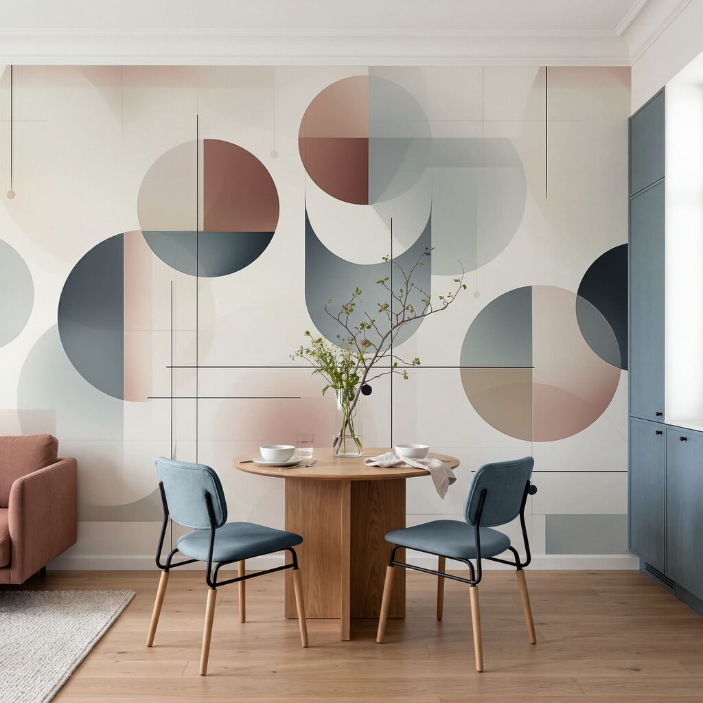Geometrische vormen in een zacht kleurenpalet in een interieur