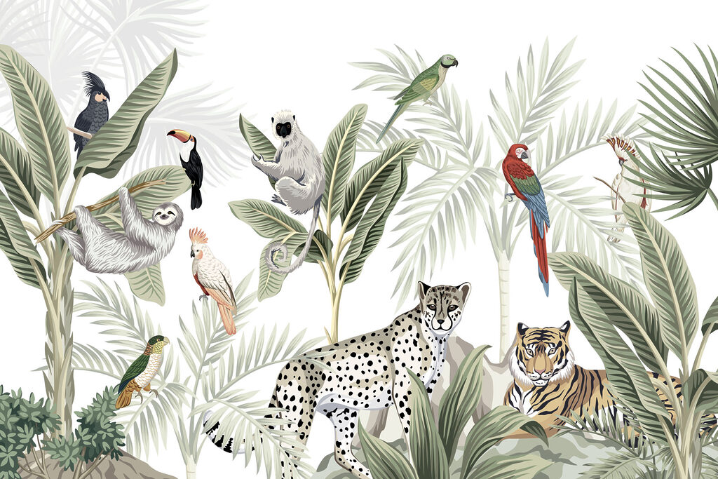 Wezens uit de tropische jungle komen bij elkaar — volledig ontwerp
