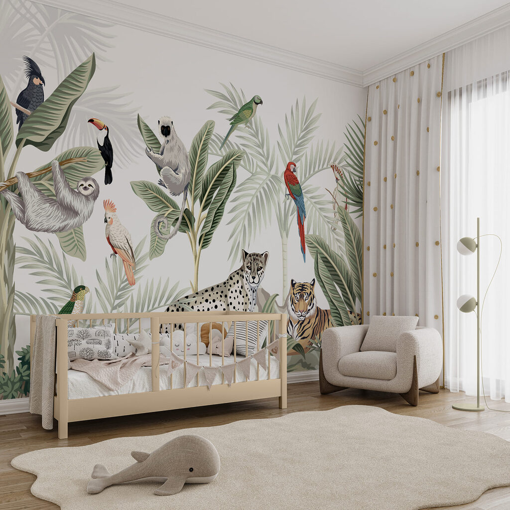 Wezens uit de tropische jungle komen bij elkaar in een interieur