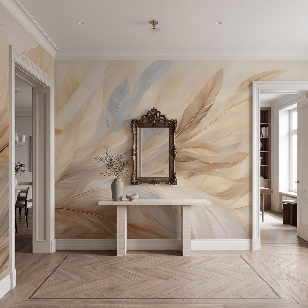 Zachte, golvende veren in warme tinten in een interieur