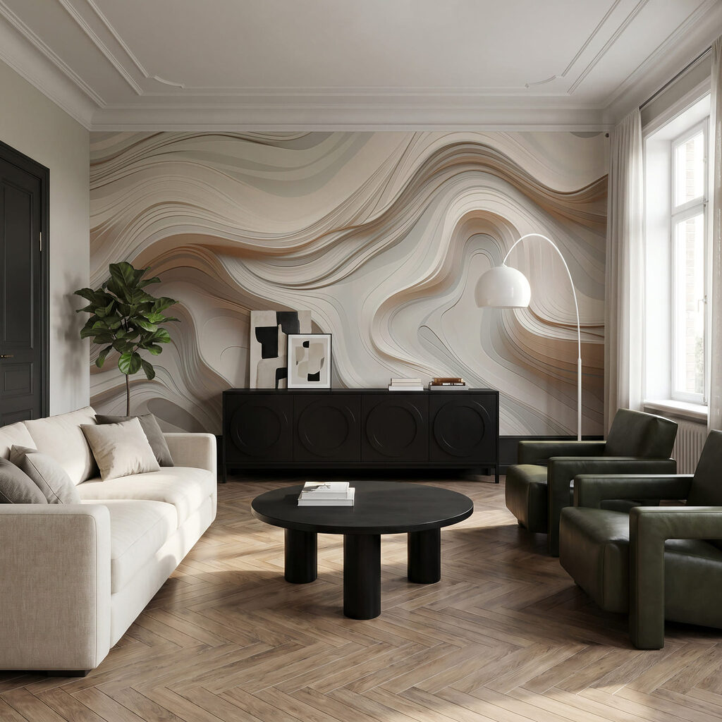 Witte en grijze golvende lijnen in een interieur