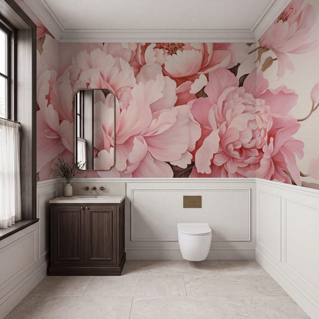 Groep roze bloemen in een interieur