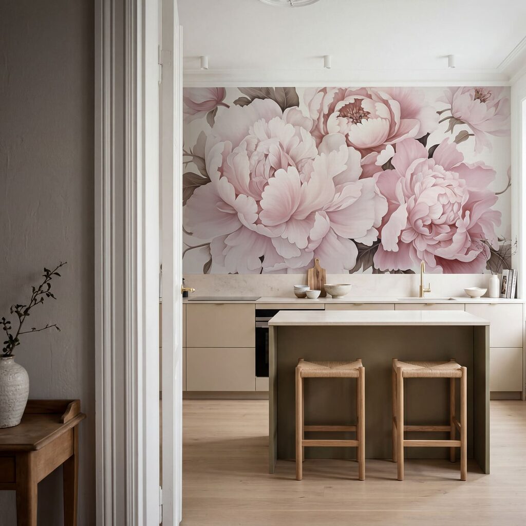 Zachtroze pioenrozen in volle bloei — interieur 3