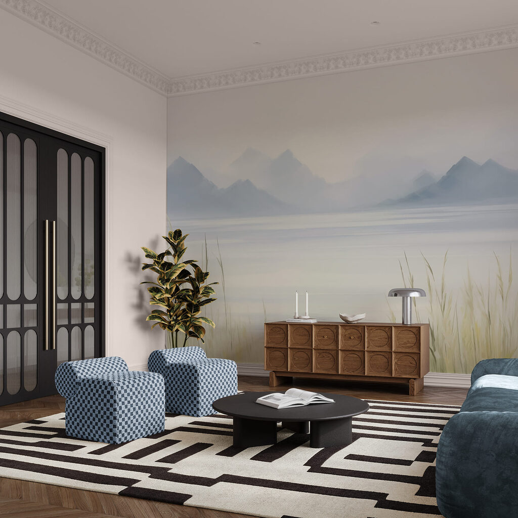 Mistig landschap met bergen en water in een interieur