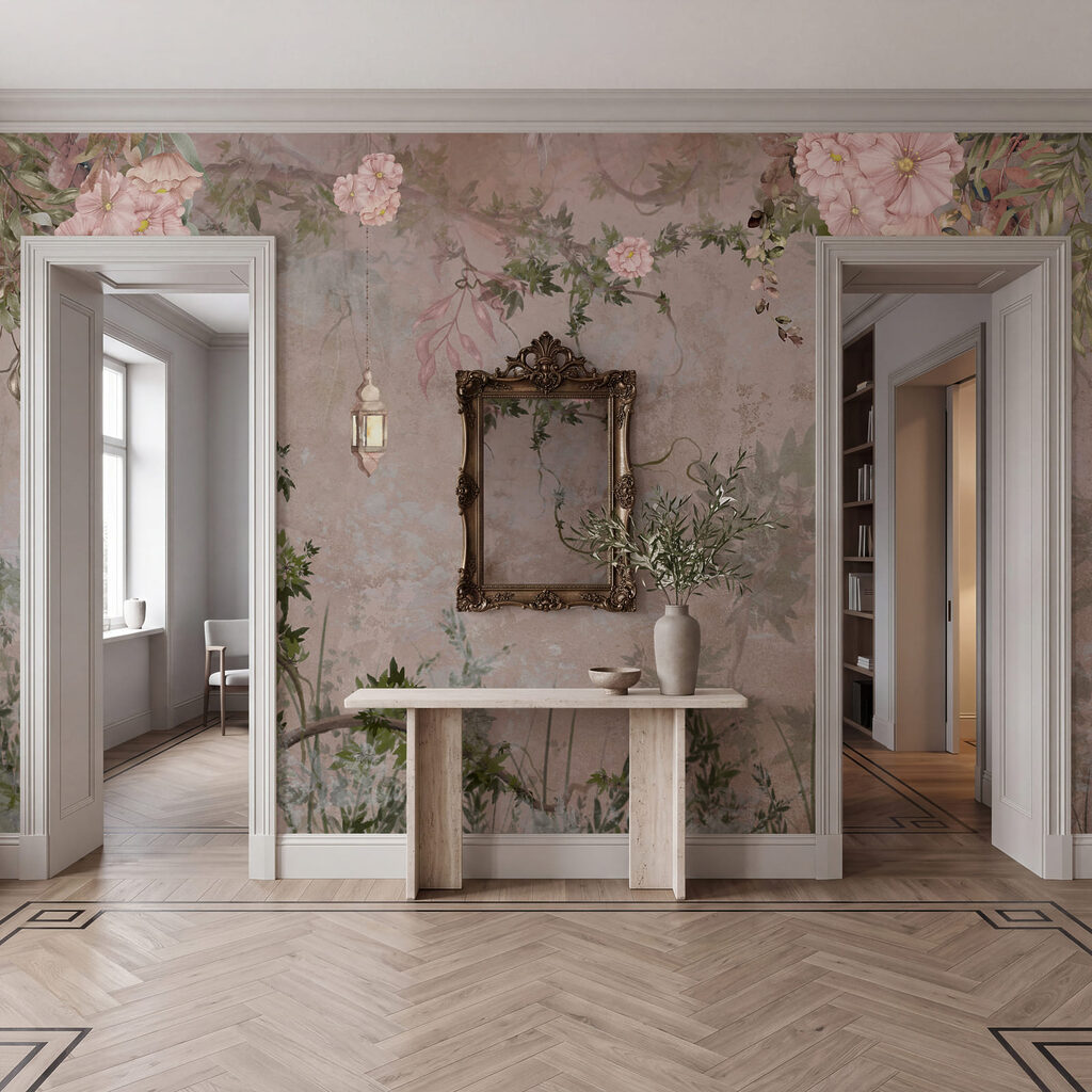 Schilderij van een boom met bloemen en een lantaarn in een interieur