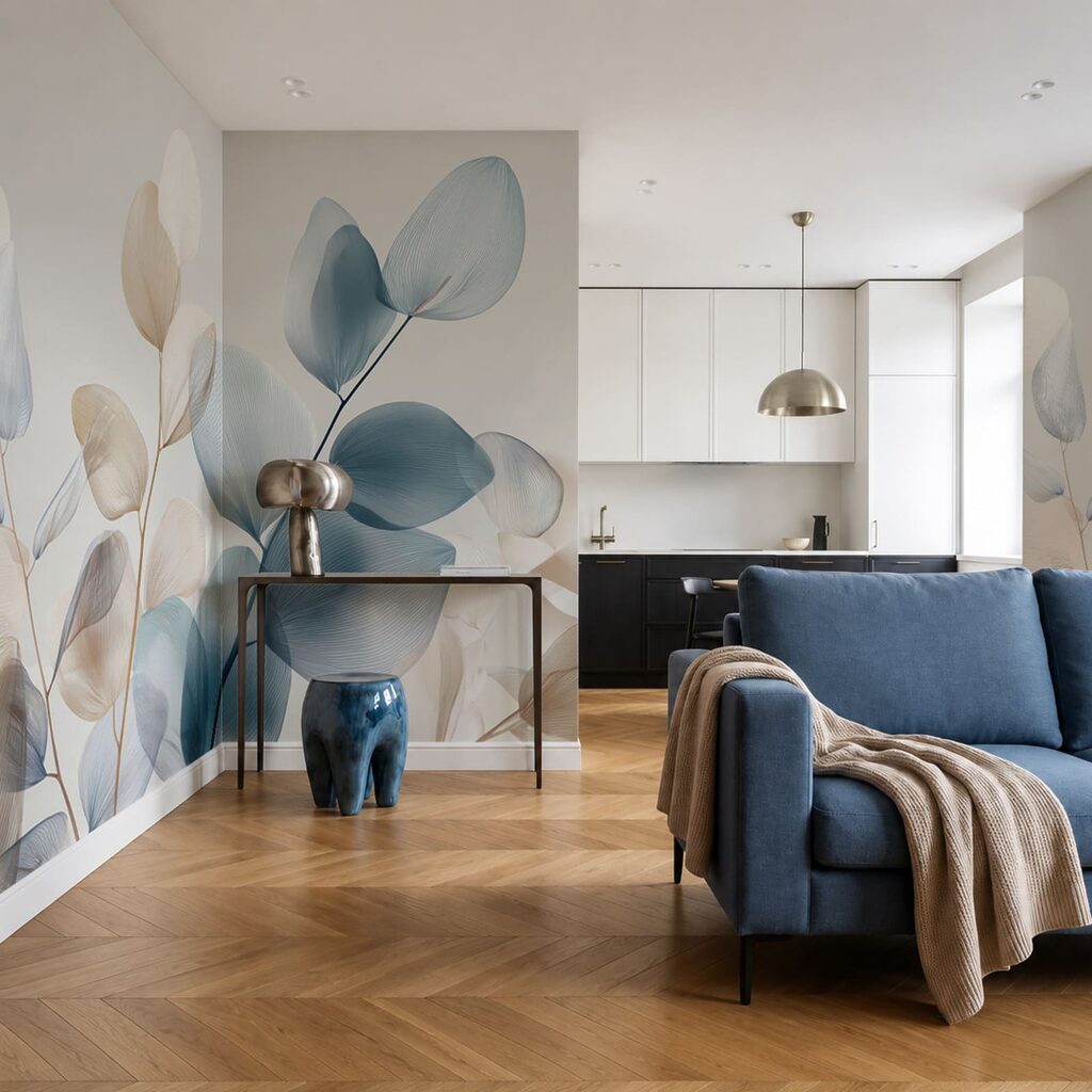 Blauwe en roomkleurige bladtakken — interieur 2