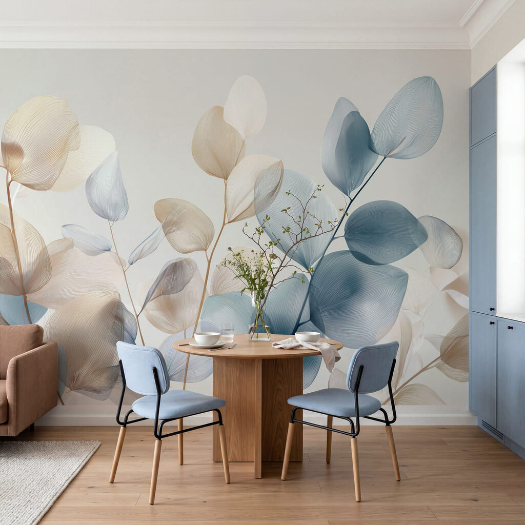 Blauwe en roomkleurige bladtakken — interieur 3