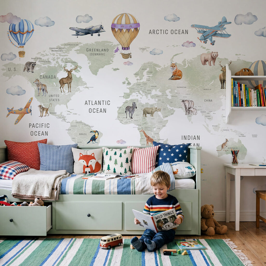 Wereldkaart met reisballonnen — interieur 1