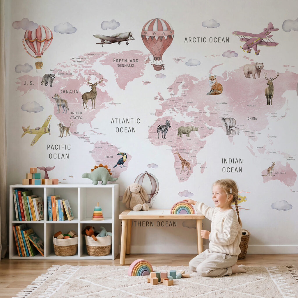 Wereldkaart met dieren en vogels in een interieur