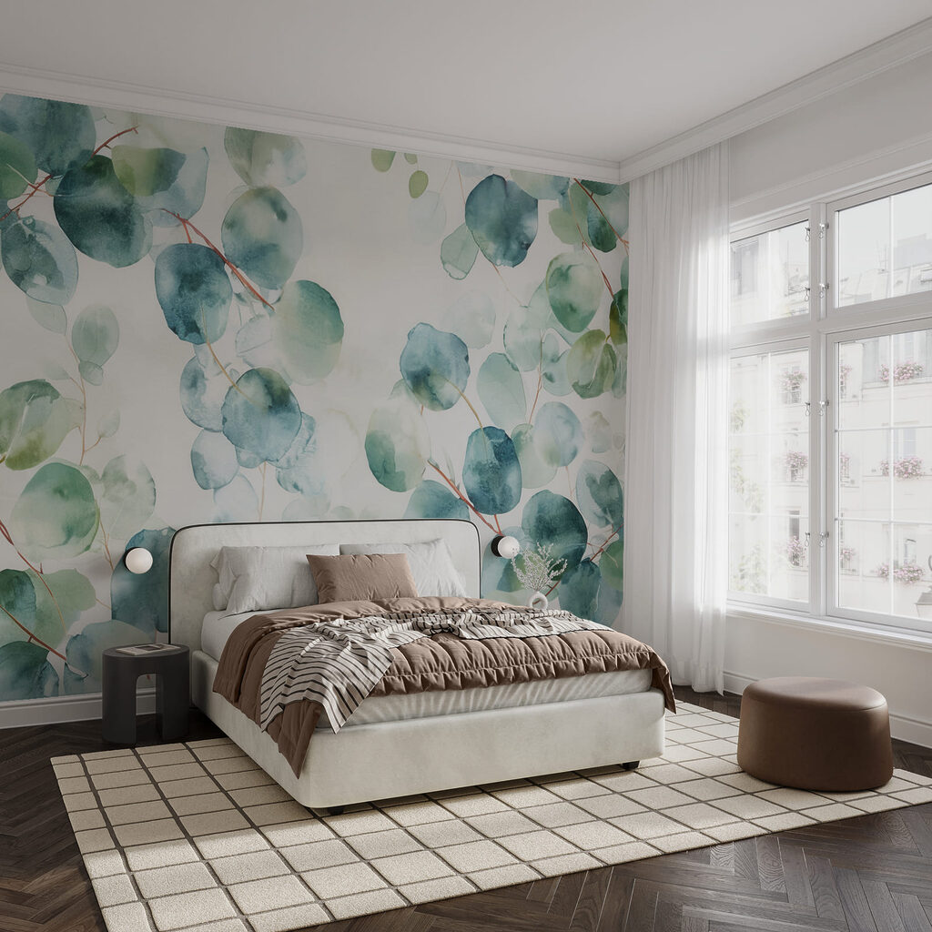 Fijne blaadjes in zachte aquareltinten in een interieur