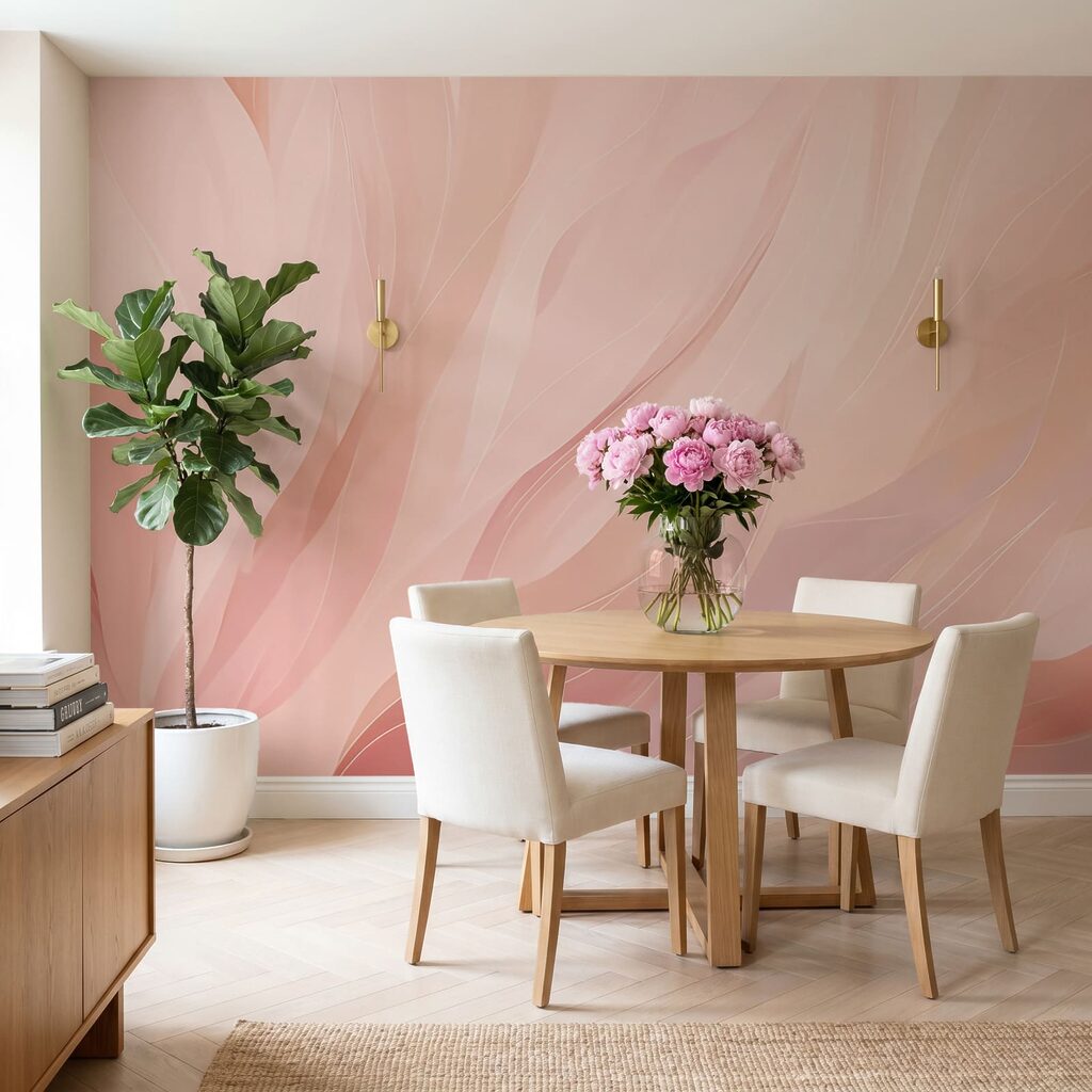 Zachte tinten gaan hand in hand met vloeiende lijnen in een interieur