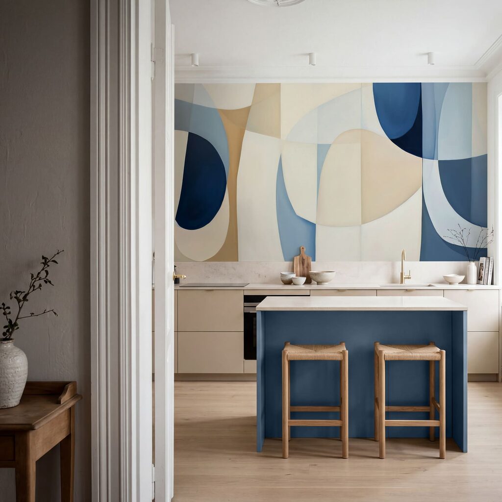 Blauw-wit kunstwerk in een interieur