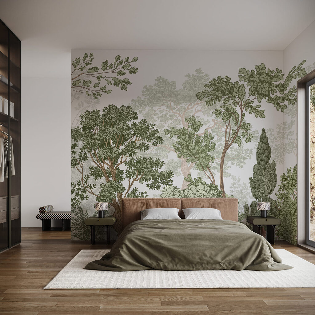 Groep bomen met groene bladeren in een interieur