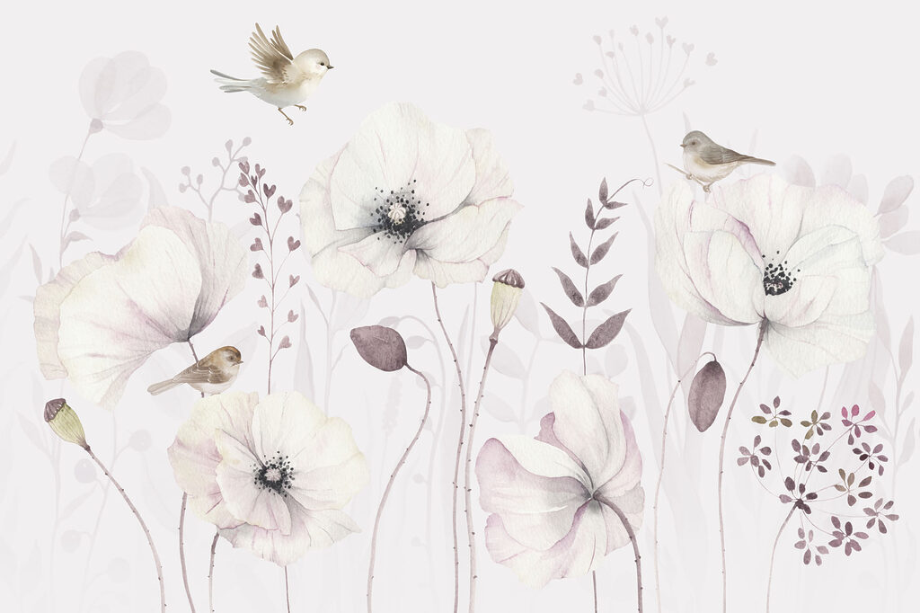 Schilderij van bloemen en vogels — volledig ontwerp